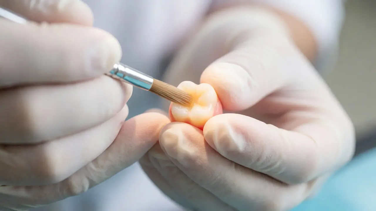 Zubař aplikuje fluoridový lak na mléčný zub