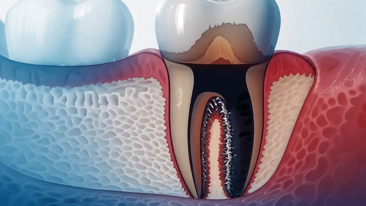 Anatomický řez zubem s hlubokým parodontálním chobotem