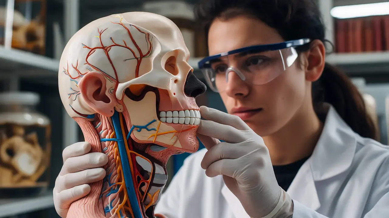 Detailní zkoumání anatomického modelu hlavy a krku studentem zubního lékařství.