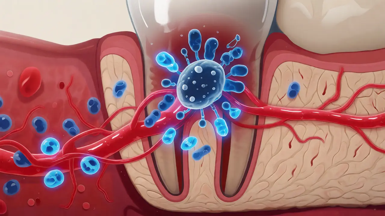 Ilustrace antibiotik bojujících proti bakteriím u kořene zubu