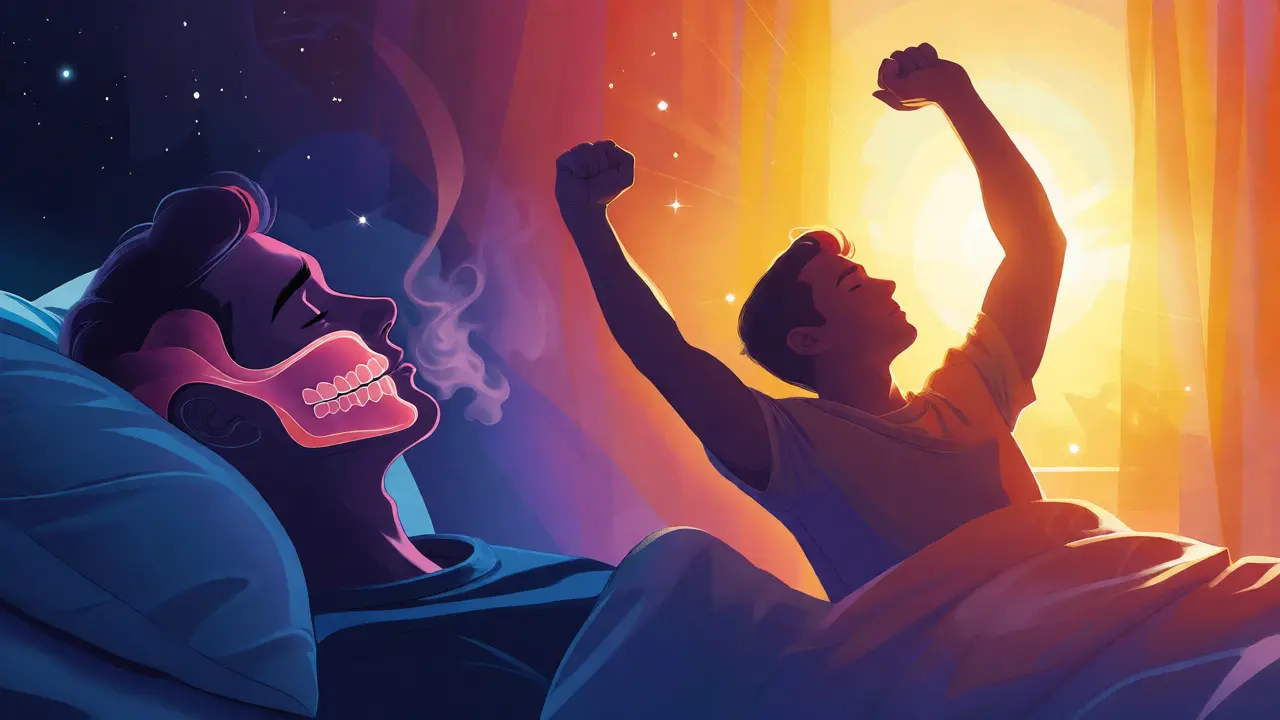 Ilustrace spojení mezi rovnými zuby, lepším spánkem a ranní energií.