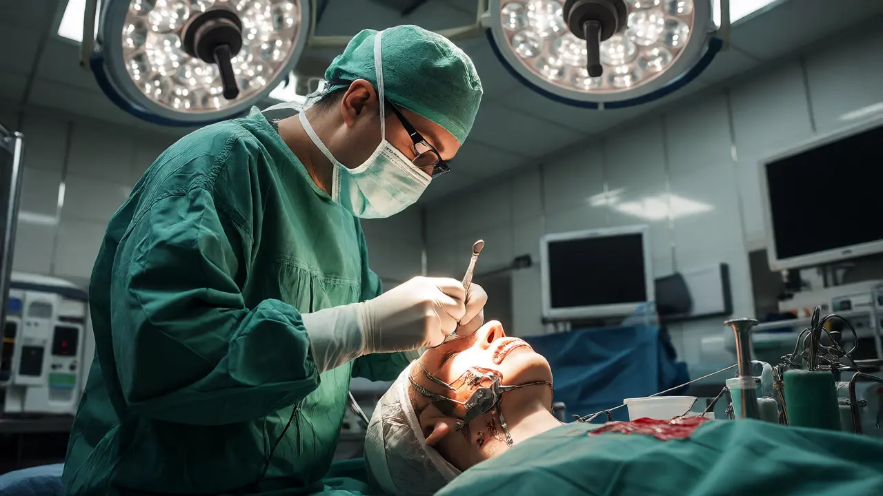 Maxilofaciální chirurg provádí složitou rekonstrukci obličeje v operačním sále.