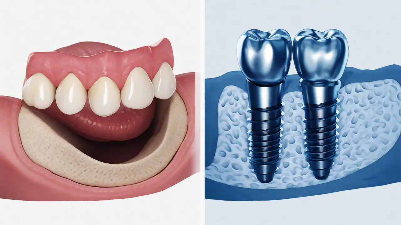 Porovnání ubývající kosti pod klasickou protézou a stabilní kosti s pevnými implantáty.