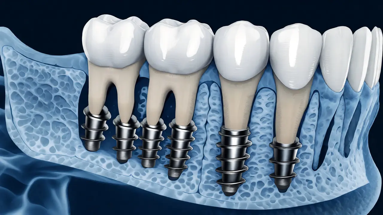 Řez čelistí znázorňující osteointegraci titanových implantátů v kosti.