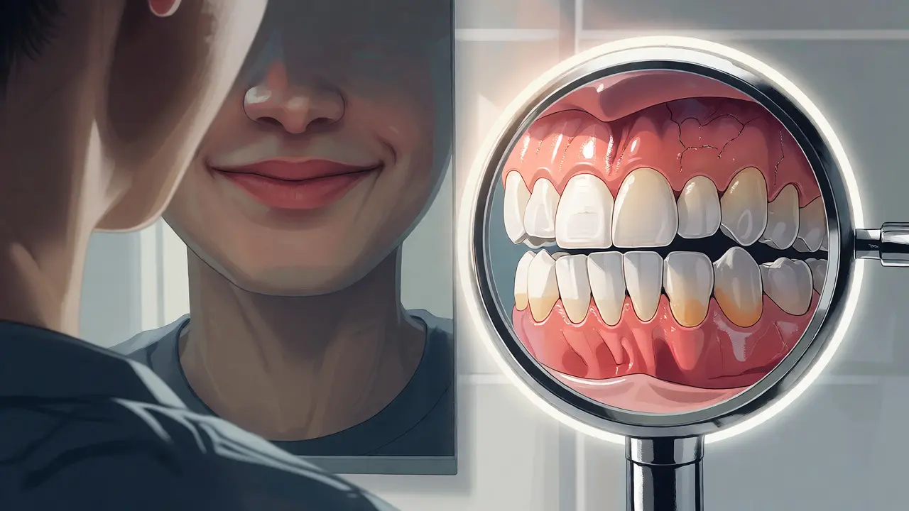 Umělecká vizualizace rozdílu mezi běžným a dentálním zrcadlem