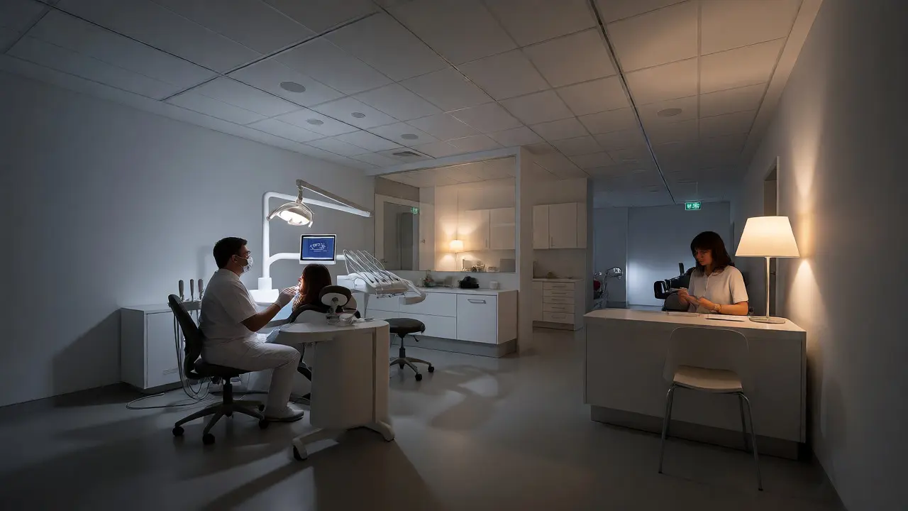 Zubní lékař ošetřuje pacienta v moderní klinice během večerní pohotovosti.